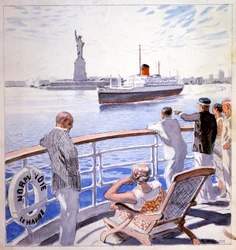 Transport. Marine. Aankomst van de transatlantische Le Normandie in de haven van New York. Illustratie door Raoul du Gardier