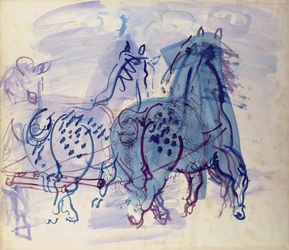 Blauwe trekpaarden (gouache op papier)