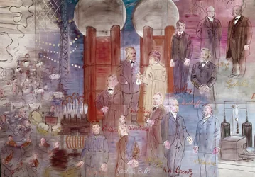 La Fee Electricite, detail: Portretten van Johann Wilhelm Hittorf, Heinrich Geissler, Henry Moseley, Pierre Curie, Marie Curie, Dmitrij Mendelee, Thomas Edison en Graham Bell. 1937 (schilderij)