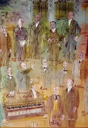 La Fee Electricite, detail: Portretten van verschillende intellectuelen en wetenschappers: Jules Francois Joubert, Elihu Thomson, Ernst Werner Siemens, Charles Proteus Steinmetz, Marcel Deprez, Gaston Plante, Gabriel Lippmann, John Kerr, Maurice Leblanc, H