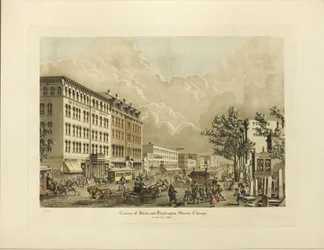 Hoek van State en Washington Streets, Chicago, in het jaar 1865