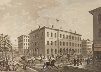 N.W. Hoek van Dearborn en Monroe Straten, Chicago, met het Postkantoorgebouw in het Jaar 1865