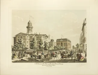 N.W. Hoek van LaSalle en Randolph, Chicago, met het Gerechtsplein in het Jaar 1864