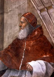 Detail van de Kamer van Heliodorus in het Vaticaan, met paus Julius II