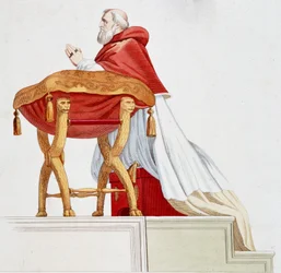 Portret van paus Julius II in gebed. Gravure naar een schilderij van Raphael