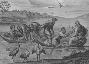 De wonderbaarlijke visvangst, Lucas 5, Vers 1-12 (gravure)