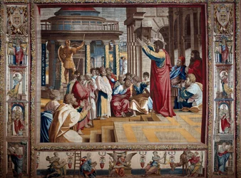 De apostel Paulus predikt in de Areopaag van Athene Wandtapijt naar schildering op karton door Raffaello Sanzio (Raphael) (1483-1520), begin 16e eeuw Mantua, hertogelijk paleis