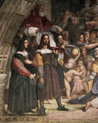 Stoeldragers die Paus Julius II dragen, detail van de Verdrijving van Heliodorus uit de Tempel