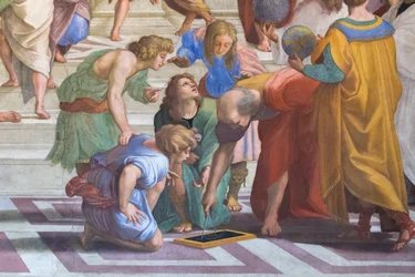 Euclides of Archimedes: detail van de School van Athene in de Stanza della Segnatura