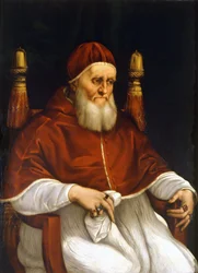 Portret van Paus Julius II (1503-1513). Schilderij door Raphael. Florence, Uffizi Museum