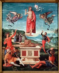 De verrijzenis (De verrijzenis van Christus). Jezus Christus houdt een kruisstaf vast, aan het uiteinde waarvan een witte vlag met een rood kruis wappert. 1501-1502. Afmetingen 52x44 cm. São Paulo, Museu de Arte
