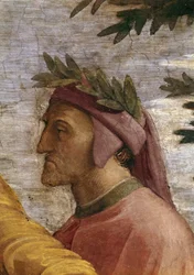 Disputa. Detail: Dante Alighieri Fresco in Stanza della Segnatura, ca. 1510-1511