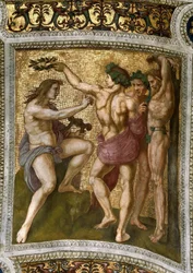Marsyas en Apollo. Plafondfresco in Stanza della Segnatura, ca. 1510-1511