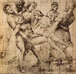Voorbereidende tekening voor het Transport van de Dode Christus ook bekend als de pala Baglioni; werk van Raphael. Gabinetto dei disegni e delle stampe, Uffizi, Florence