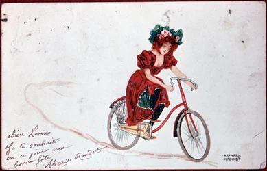 Ansichtkaart van een vrouw op een fiets - illustratie door R. Kirchner, ca. 1900