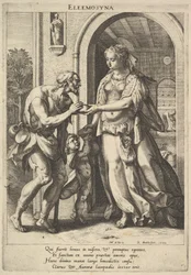 Liefdadigheid: een vrouw met parelhoofdtooi en halo geeft brood aan twee mannelijke bedelaars, 1589