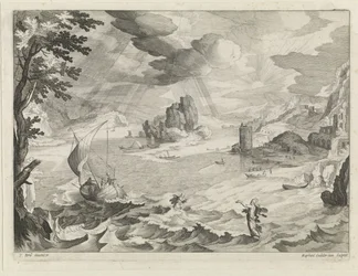 Zeegezicht met Christus en zijn leerlingen in de storm op het meer van Galilea