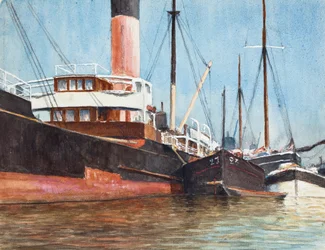 Boten in een haven (gouache op papier)