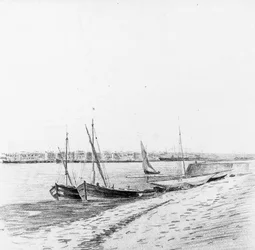 Boten in de haven van Bordeaux, ca 1900 (potlood en houtskool op papier)