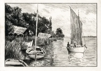 Boten op het estuarium van de Gironde (houtskool)