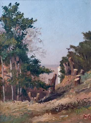 Gekapte bomen, op de achtergrond, estauire de la Gironde (olieverf op hout)