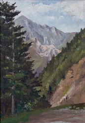Den en berg, Pyreneeën (olieverf op hout)