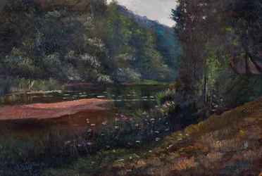 Landschap met bos, vijver en waterlelies