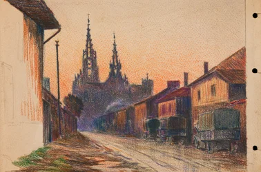 Militaire trucks op een straat in een stad in Oost-Frankrijk, c1914-18 (potlood op papier)