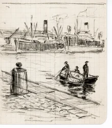 Matrozen en boten, haven van Bordeaux (tekening)