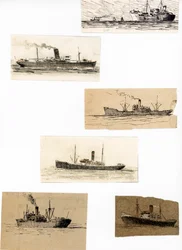 schetsen van verschillende vrachtschepen van de koopvaardij (inkt, houtskool, potlood)