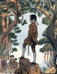 Napoleon Bonaparte (1769-1821) als kind in Ajaccio, Corsica. Illustratie door Raymond de Neziere in Onze nationale roem, 1920. Privécollectie. DR