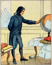 Napoleon Bonaparte (1769-1821), raadpleegt een wereldbol op de school van Brienne op 19-jarige leeftijd, uit 