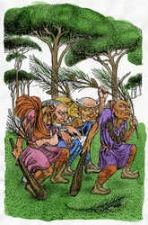 Fabels: een groep trollen voert een rituele dans uit in het bos, schuddend met dennentakken, illustratie door Reginald L. Knowles voor de Noorse fabelsverzameling "Noorse sprookjes" door P.C. Asbjornsen en J.I. Moe.