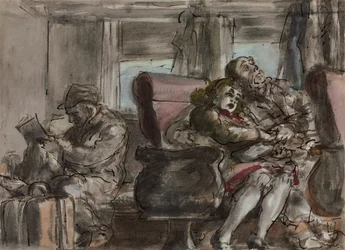 Passagiers in een treinwagon (aquarel, inkt en potlood op papier)