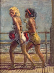 Twee meisjes op promenade (tempera op doek)