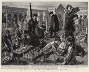 Allerzielen op een Italiaanse begraafplaats, het versieren van de graven (litho)