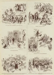 De Home Rule Sessie, enkele "Daily Graphic" schetsen in het parlement (gravure)