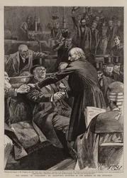 De opening van het parlement, de ontvangst van Gladstone door de leden van de oppositie (gravure)