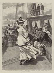 Yachting aan de zuidkust, een welkome aanvulling op het scheepsgezelschap (gravure)