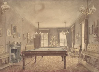 Interieur van de biljartkamer in Lupton House, Devonshire, ontworpen door George