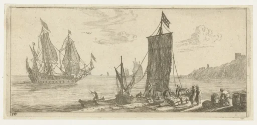 Baai met een hoeker en een oorlogsschip