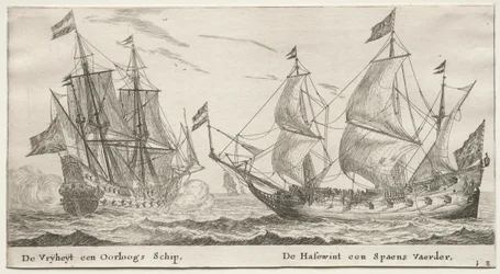 Schepen van Amsterdam: De Vrijheid, een oorlogsschip. De Wolfshond, een Spaans schip