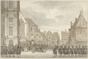 Aankomst van Prins Willem V en Frederica Sophia Wilhelmina van Pruisen bij het Stadhuis op de Dam te Amsterdam, 30 mei 1768