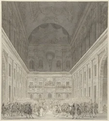 Bal in de Burgerzaal van het Stadhuis van Amsterdam ter ere van het bezoek van Prins Willem V en Wilhelmina van Pruisen, juni 1768