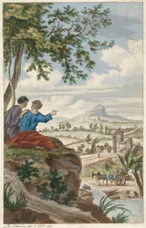 Figuren kijken uit over een landschap