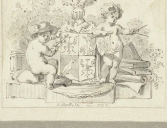 Twee putti, met passer en aesculaap, bij het familiewapen van Schoemaker