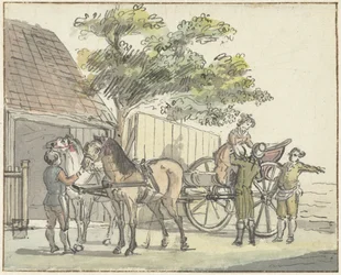 Wagen met twee paarden bij de uitspanning De Donkere Kuil bij Haarlem