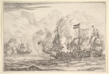 Zeeslag met Drie Schepen aan de Rechterkant, uit Zeeslagen Nieuwe Scheepsgevechten