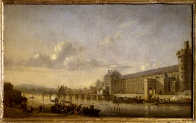 Uitzicht op de Seine met de zuidgevel en de grote galerij van het Louvre Schilderij door Reinier Nooms dit Zeeman (1623-1667) 1660 Zon. 0,26x0,41 m Parijs, Musée du Louvre