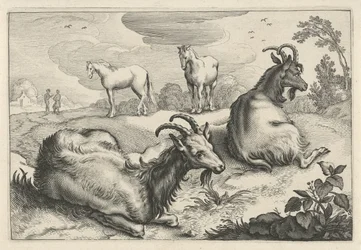 Landschap met twee geiten en twee paarden